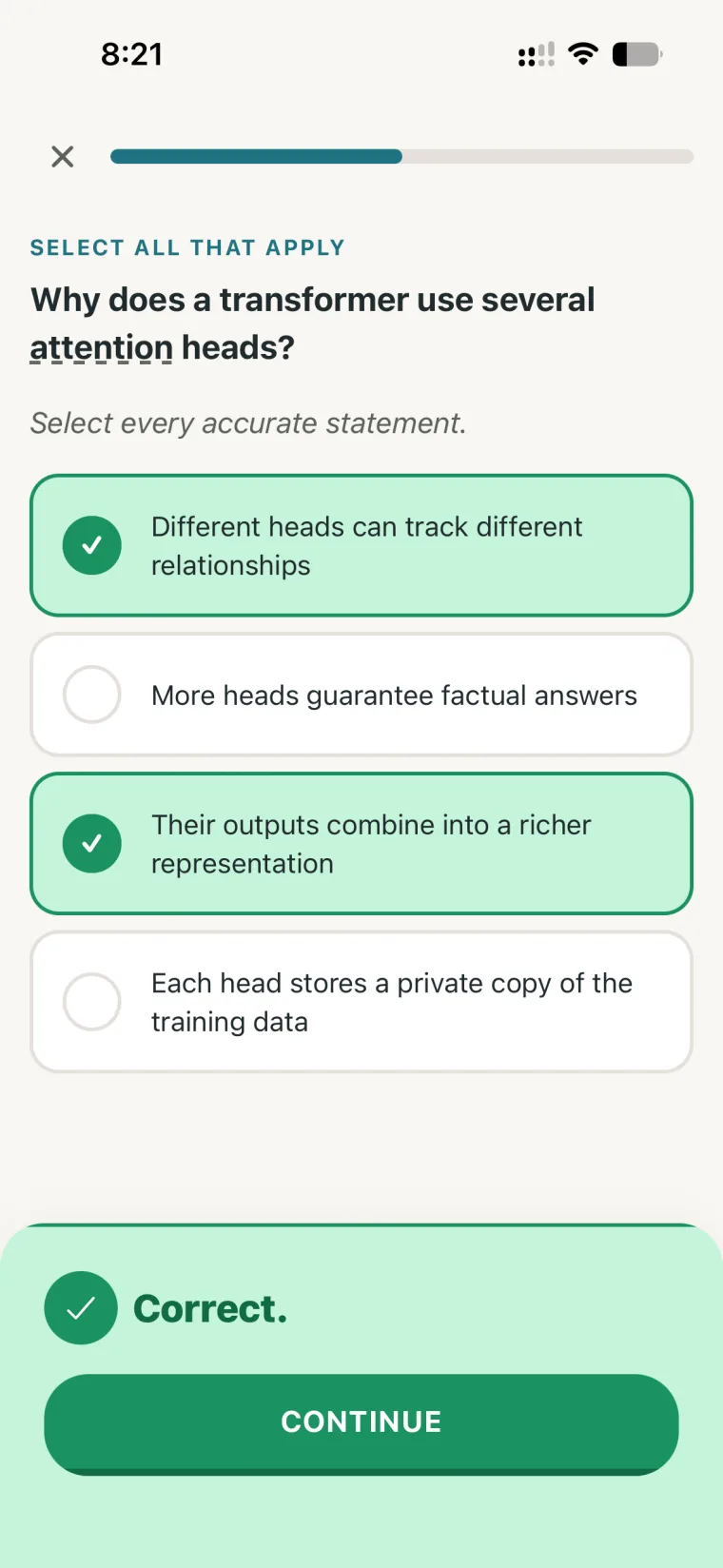 An Infera practice question asking why a transformer uses several attention heads, with two correct statements selected and a 'Correct' confirmation.